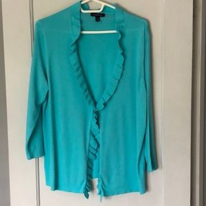 Lands End size XL/P. Aqua colored cardigan.‎ 3/4 sleeve. Eye hook closure. NWOT.